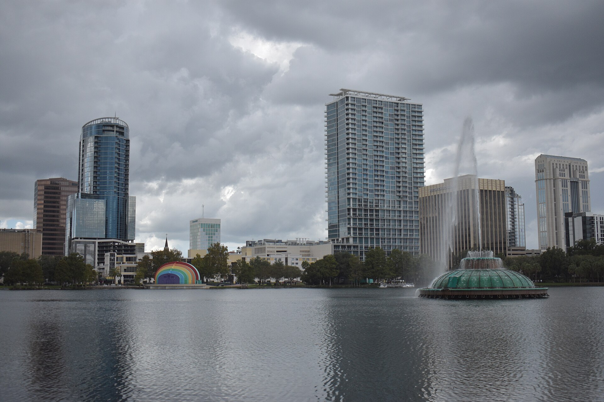 Lake Eola fountain and the downtown Orlando skyline